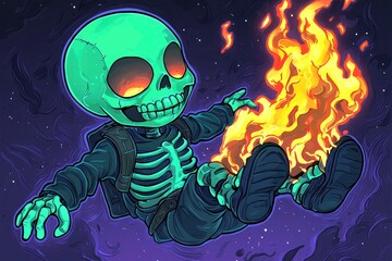 Poster - Green Skeleton Astronaut in Space with Fire