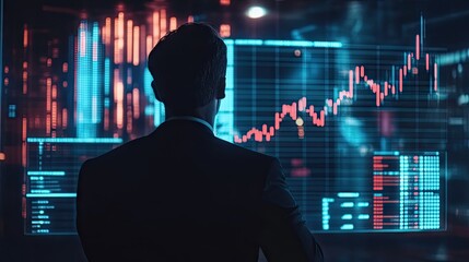 Poster - Businessman analyzing a virtual graph of business growth, highlighting financial investments and strategic development for success.