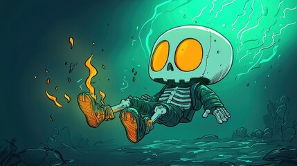 Wall Mural - Cartoon Skeleton Floating with Green Mist and Fire