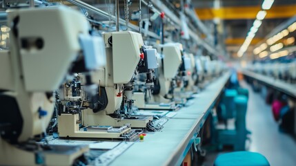 Poster - modern sewing machines lined up in a large manufacturing facility during daylight work hours