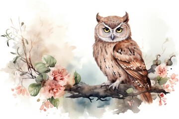 Canvas Print - Owl painting animal flower.