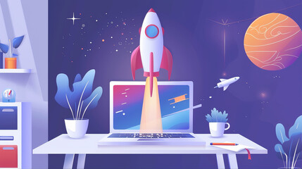 Wall Mural - Vector startup incubator rocket launch on laptop screen illustration