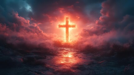 symbolic holy cross set against a dramatic sky representing themes of faith resurrection and spirituality with soft glowing light illuminating the scene