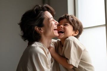 Poster - Male and mother older laughing person female.