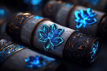 Poster - A fantasy library filled with scrolls of yesterdayâ€™s news, where magical quills float and record the dayâ€™s events, glowing with ethereal light