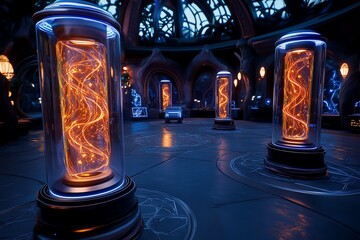 Poster - A fantasy lab where scientists mix magic and technology to create tomorrowâ€™s innovations, with glowing AI and enchanted devices creating a vibrant, otherworldly scene
