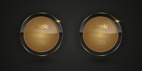 Group of two Luxury Black circle buttons with golden frame vector illustration, a sleek, modern graphic design with a focus on a circular, glassy sphere in the center.
