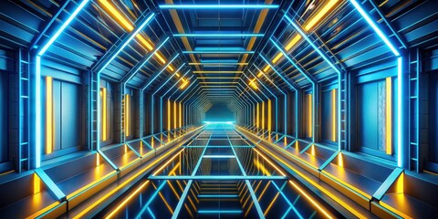 Wall Mural - futuristic geometric technology tunnel with blue and yellow lines intersecting creatively