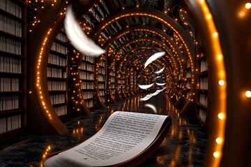 Poster - A fantasy library filled with scrolls of yesterdayâ€™s news, where magical quills float and record the dayâ€™s events, glowing with ethereal light