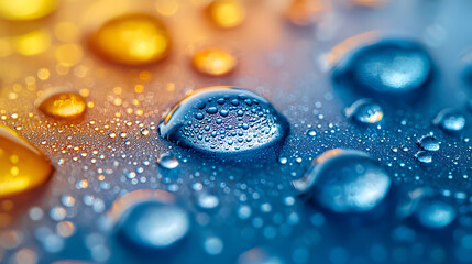 Close-up of vibrant water droplets on a surface, showcasing a blend of colors and textures, ideal for nature or abstract themes.