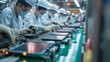 © fotofabrika - Workers assemble electronic components on a production line in a factory during evening hours in a bustling industrial setting