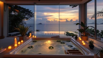 Poster - A large bathtub filled with water and candles, with a view of the ocean