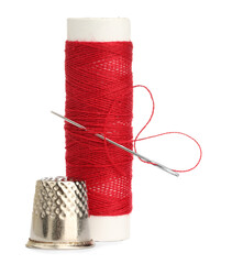 Poster - Thimble and needle with red sewing thread isolated on white