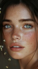 Sticker - Close-up Portrait of a Woman with Freckles and Flowers