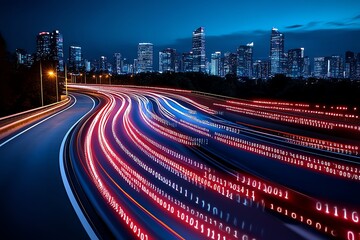 Fototapete - A futuristic cityscape with encrypted digital data streams, representing anonymous communication in a high-tech, advanced society