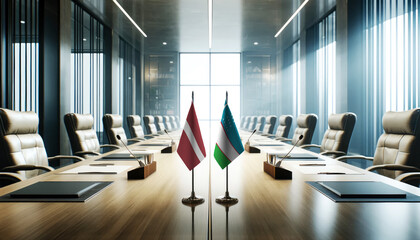 A modern conference room with Latvia and Uzbekistan flags on a long table, symbolizing a bilateral meeting or diplomatic discussions between the two nations.