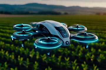 Poster - A futuristic farm using tomorrowâ€™s innovations, where drones and AI systems monitor crops, ensuring optimal growth and efficiency through precision farming