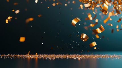 A luxurious and glamorous design with shimmering gold Happy New Year 2025 text, surrounded by sparkling confetti falling gracefully on a black background.