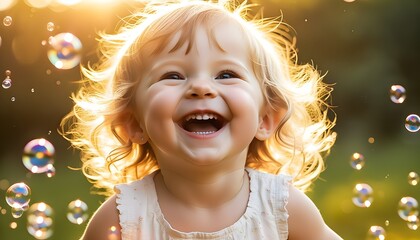 Wall Mural - Joyful Child in Sunlight Surrounded by Bubbles, Capturing Moments of Laughter and Innocence in a Professional Portrait