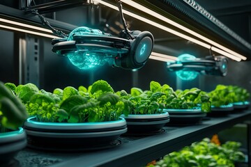 Poster - A futuristic magical farm using enchanted technology, where glowing crops are managed by floating AI drones and mystical machinery