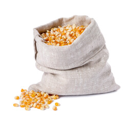 Sticker - Fresh corn kernels in burlap sack isolated on white