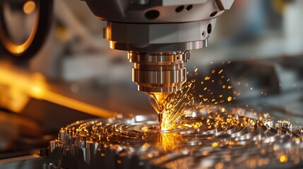 Poster - A close-up view of a precision laser cutting machine working on metallic material in a modern fabrication workshop during daylight