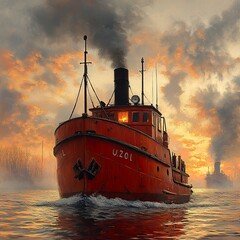 Poster - Red Tugboat Sailing at Sunset