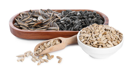 Sticker - Different sunflower seeds, wooden plate, scoop and bowl isolated on white