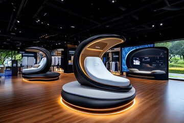 A futuristic retail experience using tomorrowâ€™s innovations, with AI-driven recommendations, virtual fitting rooms, and holographic displays enhancing shopping