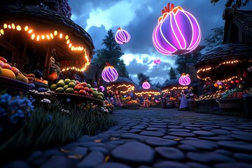Aufkleber - A glowing enchanted market in a rural economy, where magical fruits and vegetables float in the air, sold by smiling villagers in a fantasy setting