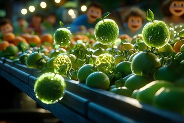 Aufkleber - A glowing enchanted market in a rural economy, where magical fruits and vegetables float in the air, sold by smiling villagers in a fantasy setting