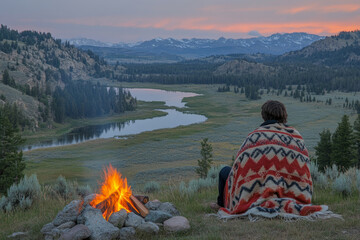 Poster - a woman sits on a hill near a campfire