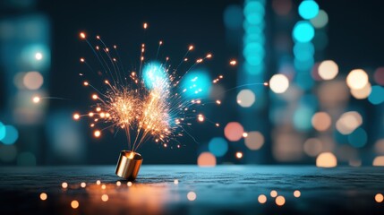 Close-up shot of fireworks exploding over a city skyline, the text Happy New Year written in a modern font with a glowing effect.