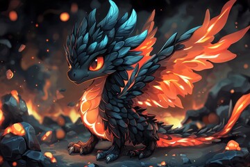 Sticker - Cute Black Dragon with Orange Wings in a Volcano Setting