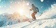 © Anastasiia - Banner image of professional skier skiing down snowy mountain slopes, experience of thrill of extreme snow sports and winter sports. White snowy landscape, outdoor alpine exercise
