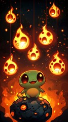 Canvas Print - Cute Green Creature on a Rock with Floating Fireballs