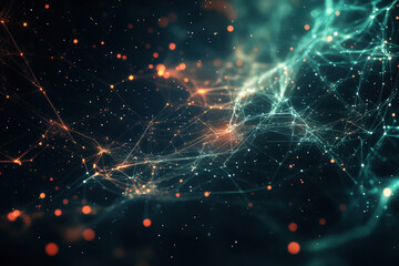 Poster - Exploring the intricate web of cosmic connections under a starry sky illuminated by glowing particles in vibrant hues. Generative AI