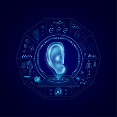 Wall Mural - Health care medical technology. Human ear on CT or MRI Scan. Ultrasound analysis organ. Diagnosis treatment of magnetic resonance radiologist concept. Hologram hi tech digital interface vector.