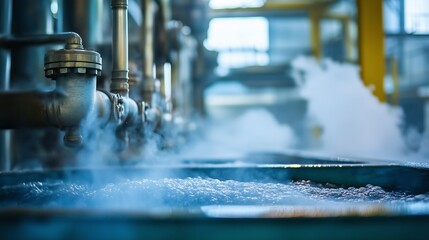 Poster - steam rising from industrial pipes in a manufacturing facility during daytime operations