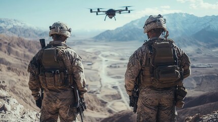 two soldiers equipped with modern gear survey a vast desert landscape a surveillance drone hovering 