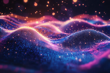 Poster - Vibrant waves of light and color intertwine, creating a stunning visual journey through an abstract digital landscape at night. Generative AI