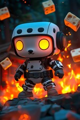 Canvas Print - Cute Robot Figure in a Fiery Scene