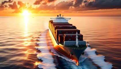 Cruise ship gliding into the sunset over the vast open ocean