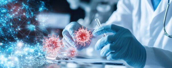 Scientist in lab coat examines virus model with blue gloves.