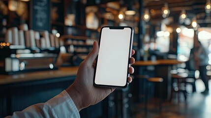 Poster - Close-up of a man holding a smartphone with a blank screen in a coffee shop, perfect for mockup advertising