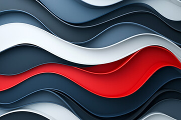 Abstract 3D waves in dark blue, red, and white create dynamic and flowing pattern. smooth curves and layered design evoke sense of movement and depth