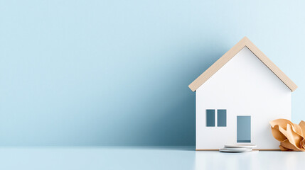 A minimalist white house model with wooden roof sits on light blue background, accompanied by decorative elements. scene conveys simplicity and modern design