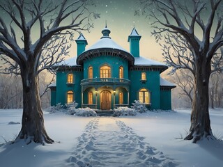 Illustration of a fairytale house set in a snowy landscape. The house has two towers with turquoise shingled roofs, one of which is topped with a gold star.