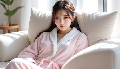 A beautiful woman relaxing on a white sofa in a living room with the morning sun shining in. Loungewear. Fluffy pajamas. Winter atmosphere.朝日の差し込むリビングルームの白色のソファでくつろぐ綺麗な女性。部屋着。モコモコのパジャマ。冬の雰囲気。