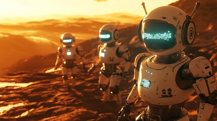 Three futuristic robots explore a red, dusty landscape.